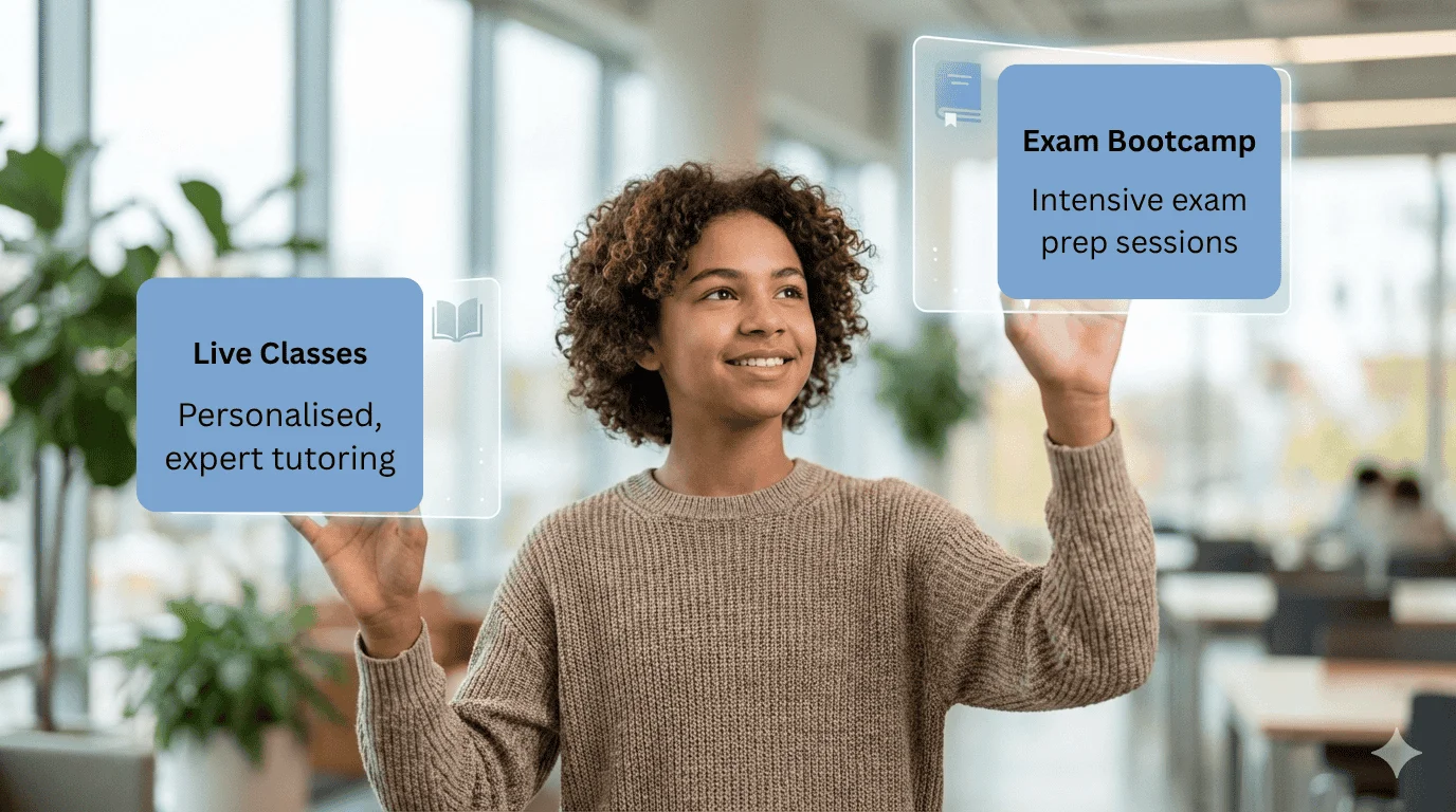 Student holding 2 options in the air - Live Classes or Exam Bootcamp